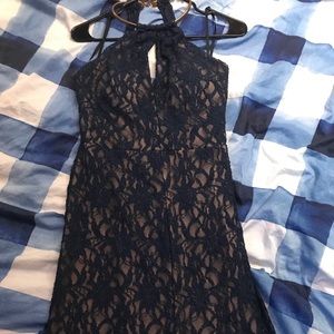 Navy Blue Sparkly Lace Prom Dress